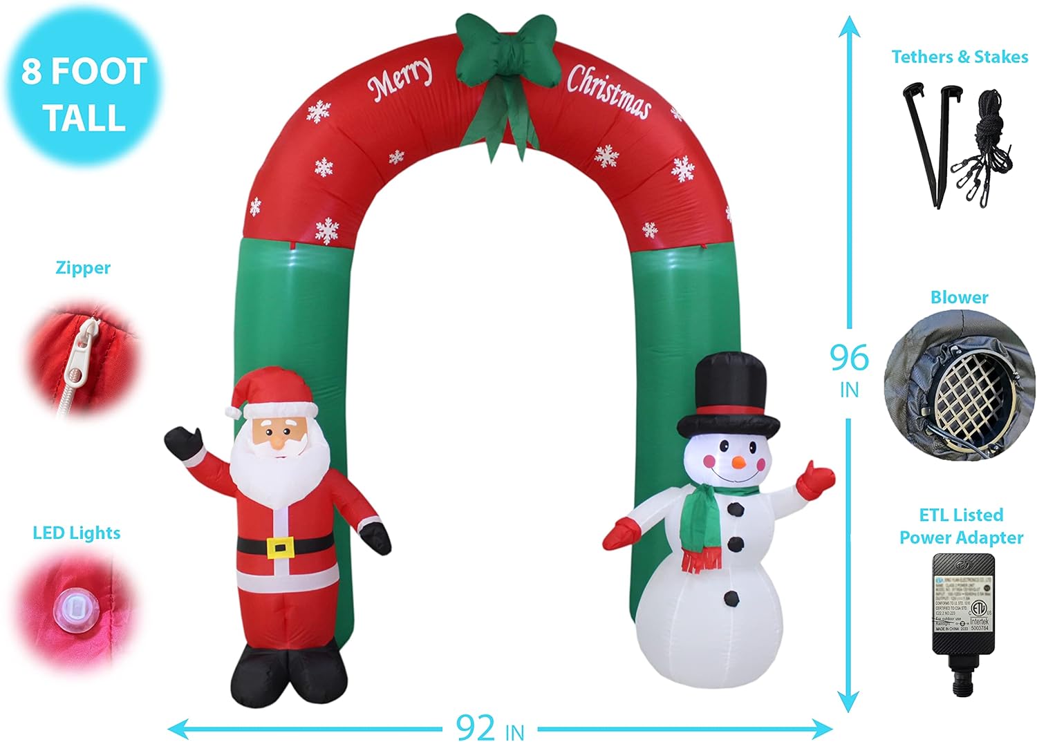 Arco inflable de Navidad iluminado de 8 pies de alto con arco de Papá Noel y muñeco de nieve con lazo luces LED para decoración de patio