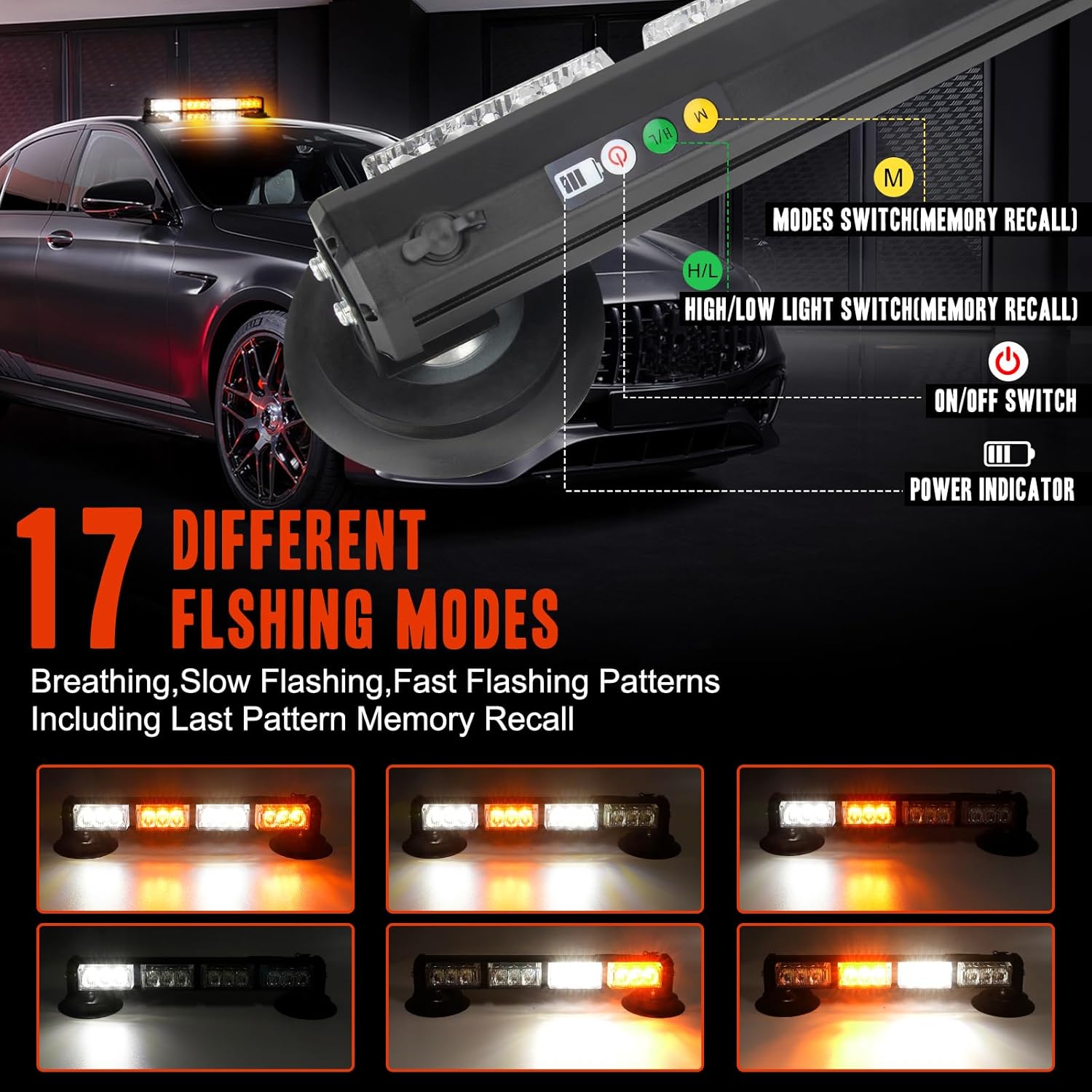 Barra de luz estroboscópica LED inalámbrica de 14.2 pulgadas, color blanco ámbar, luces LED de advertencia de peligro de emergencia con base