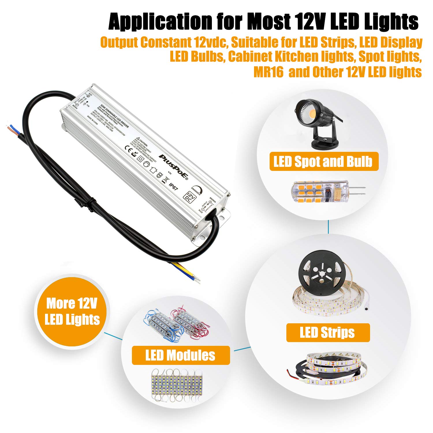 Controlador LED regulable impermeable de 12 V50 W, transformador de fuente de alimentación de 110 VCA a 12 VCC para luces LED al aire libre,