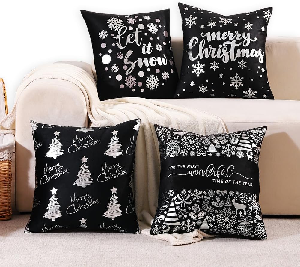 Juego de 4 fundas de almohada navideñas negras y plateadas de 18 x 18 pulgadas, decoración de Navidad plateadas y negras, almohadas decorativas de