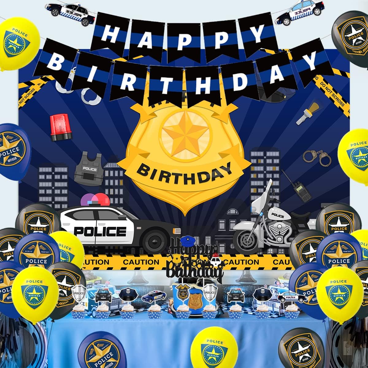 Decoraciones de cumpleaños de policía, decoraciones de fiesta de cumpleaños de policía para niños, globos temáticos de policía, pancarta de feliz
