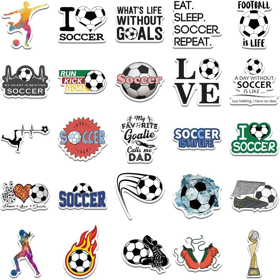 Calcomanías deportivas de fútbol, accesorios de fútbol, 50 calcomanías impermeables de vinilo de FDCcX para botella de agua, laptop, bicicleta,