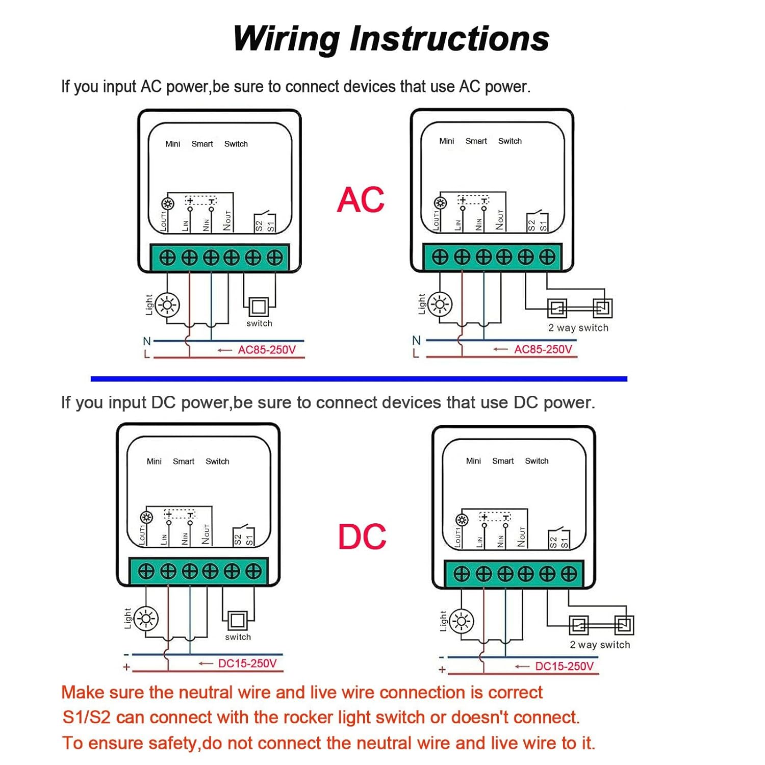 Interruptor de luz inteligente WiFi, compatible con AlexaGoogle Home, control remoto de aplicación, control de voz, modo DIY, función de
