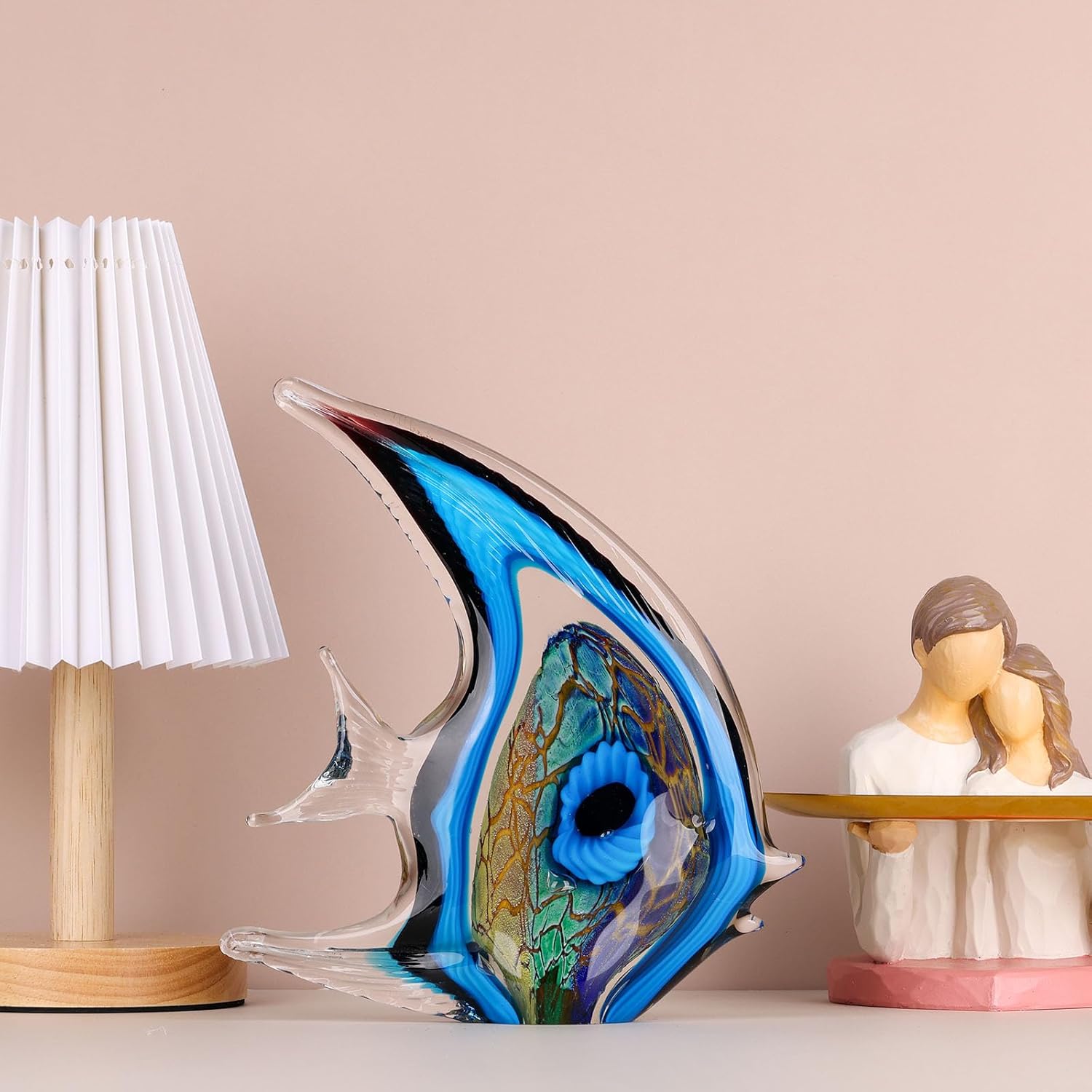 XMGZQ Figuras de vidrio soplado a mano, decoración de vidrio azul soplado, adorno de figuras de peces de vidrio tropical, escultura de animales