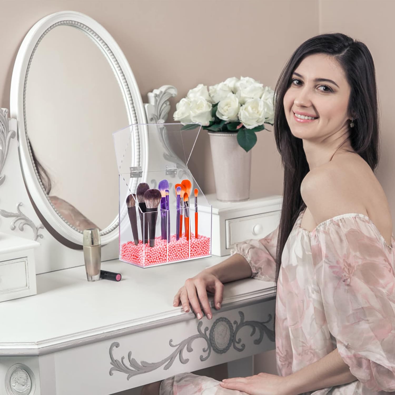 Soporte acrílico para brochas de maquillaje con tapa, organizador de brochas de maquillaje cosmético transparente y caja de almacenamiento con