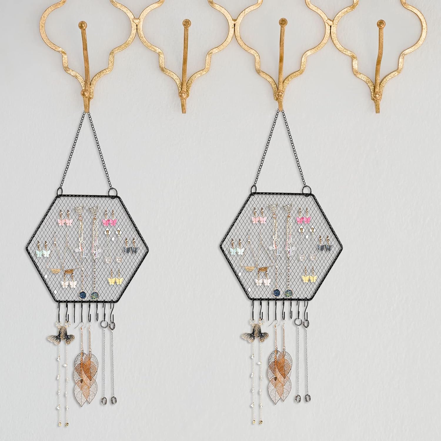 2 soportes de pared para aretes de pared, organizador de aretes colgantes, soporte decorativo con forma de cuadrícula de diamante, estante de