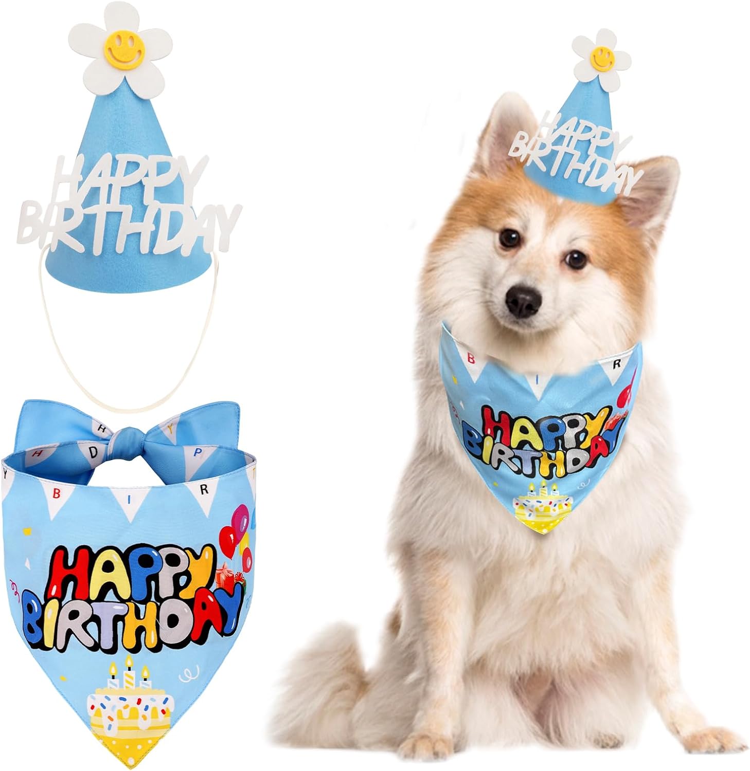 Bandana de cumpleaños para perro con sombrero, lindo sombrero de fiesta de cumpleaños de perro suministros para fiesta de cumpleaños (azul, S)