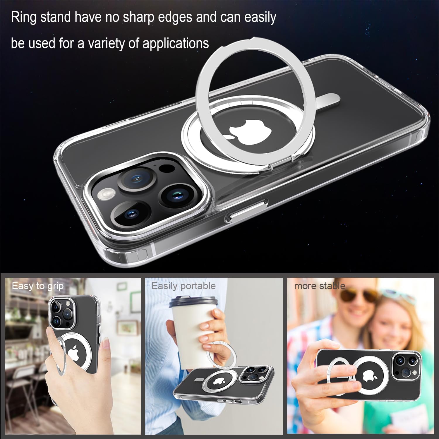 Compatible con funda 15 Pro, soporte giratorio de cuatro vías de 360, soporte de anillo magnético compatible con MagSafe funda delgada transparente