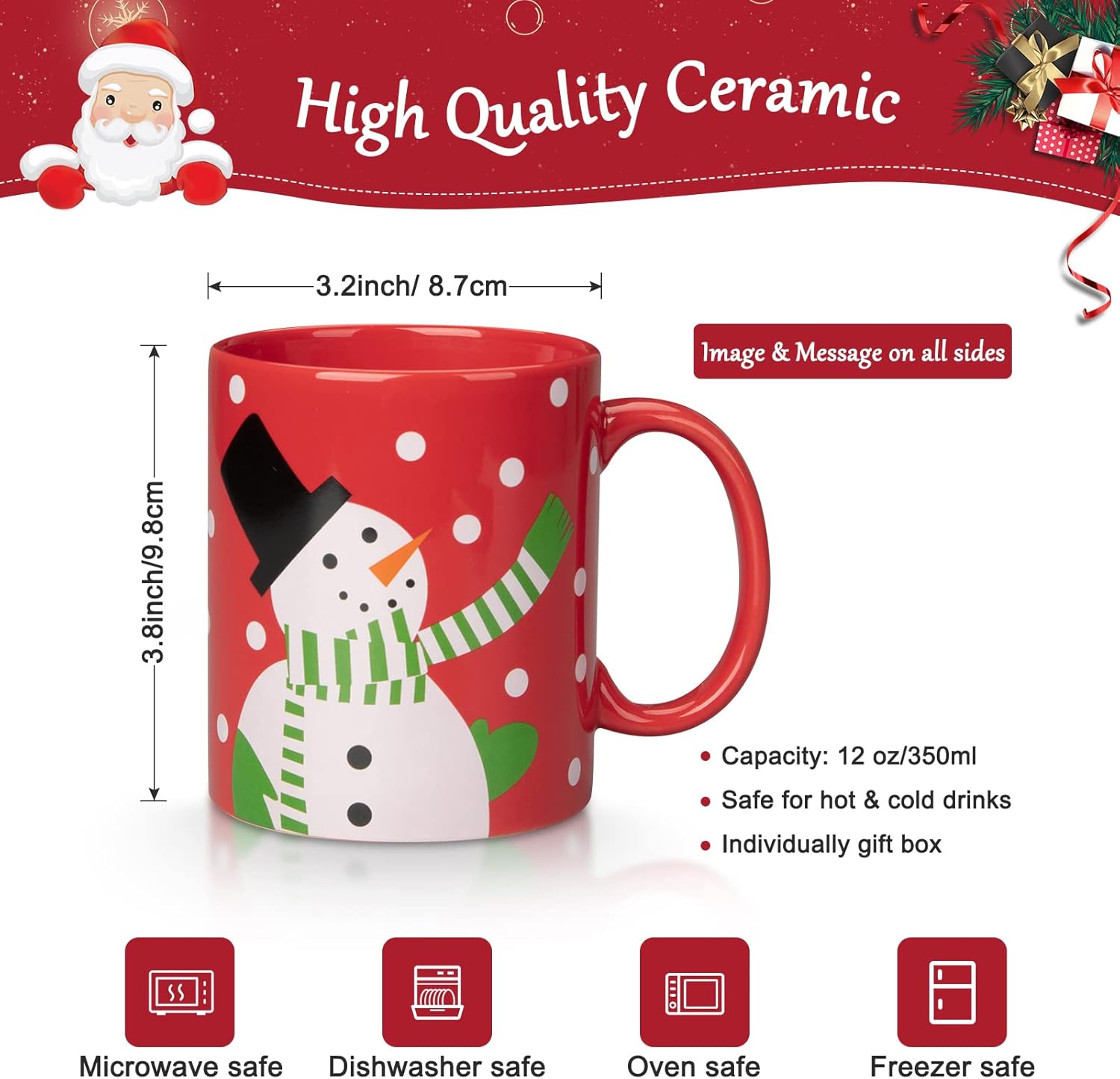 2 tazas de cerámica de Navidad, regalos de primera calidad, tazas rojas y blancas de 12 onzas con asa, aptas para microondas para café, té, cacao,