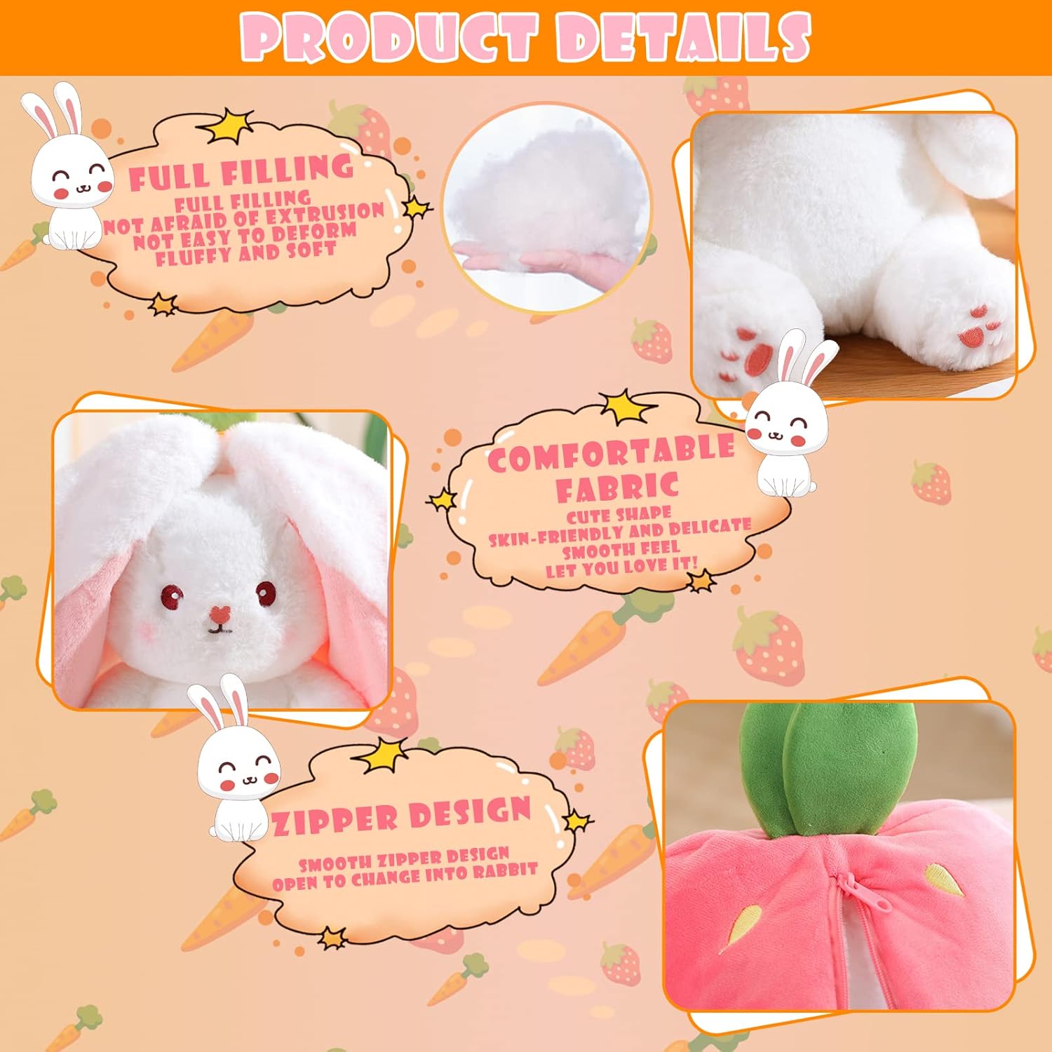 EOMKO Peluche de conejo, almohada reversible de conejo, zanahoria y fresa, con cremallera, juguete de felpa suave con zanahoria y fresa, juguete de