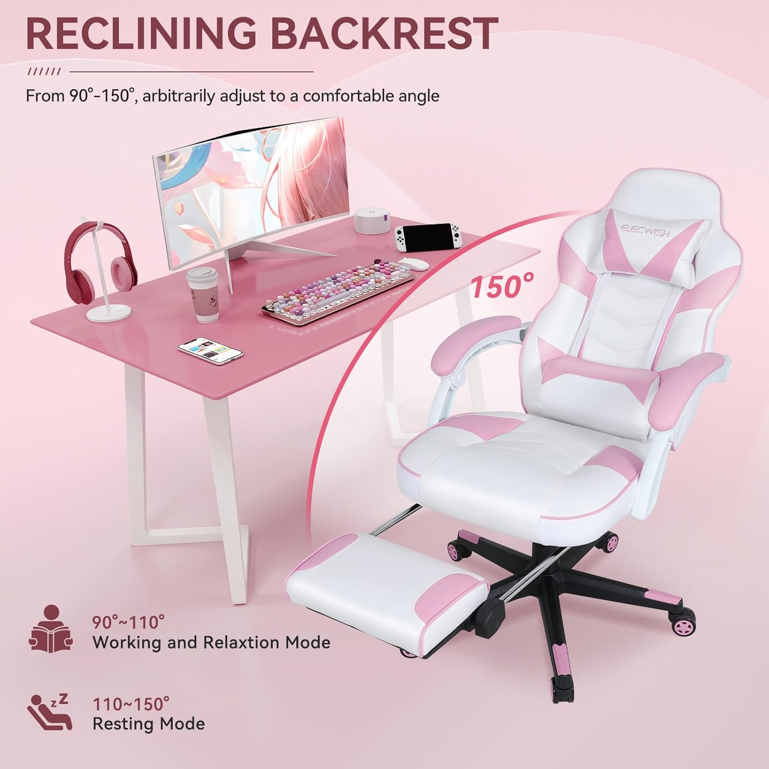 ELECWISH Silla de juegos rosa con masajeador, sillas de juegos de computadora con reposapiés para adultos, piel sintética, respaldo alto, estilo