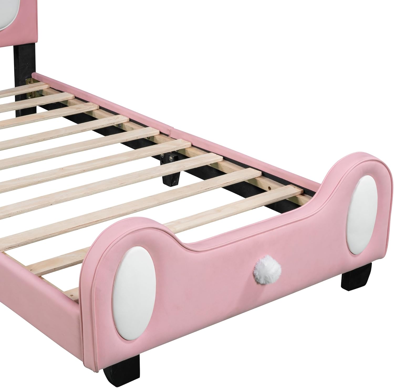 Cama de princesa tapizada en forma de conejo de tamaño individual con cabecero y estribo, plataforma tapizada de piel sintética para niños y