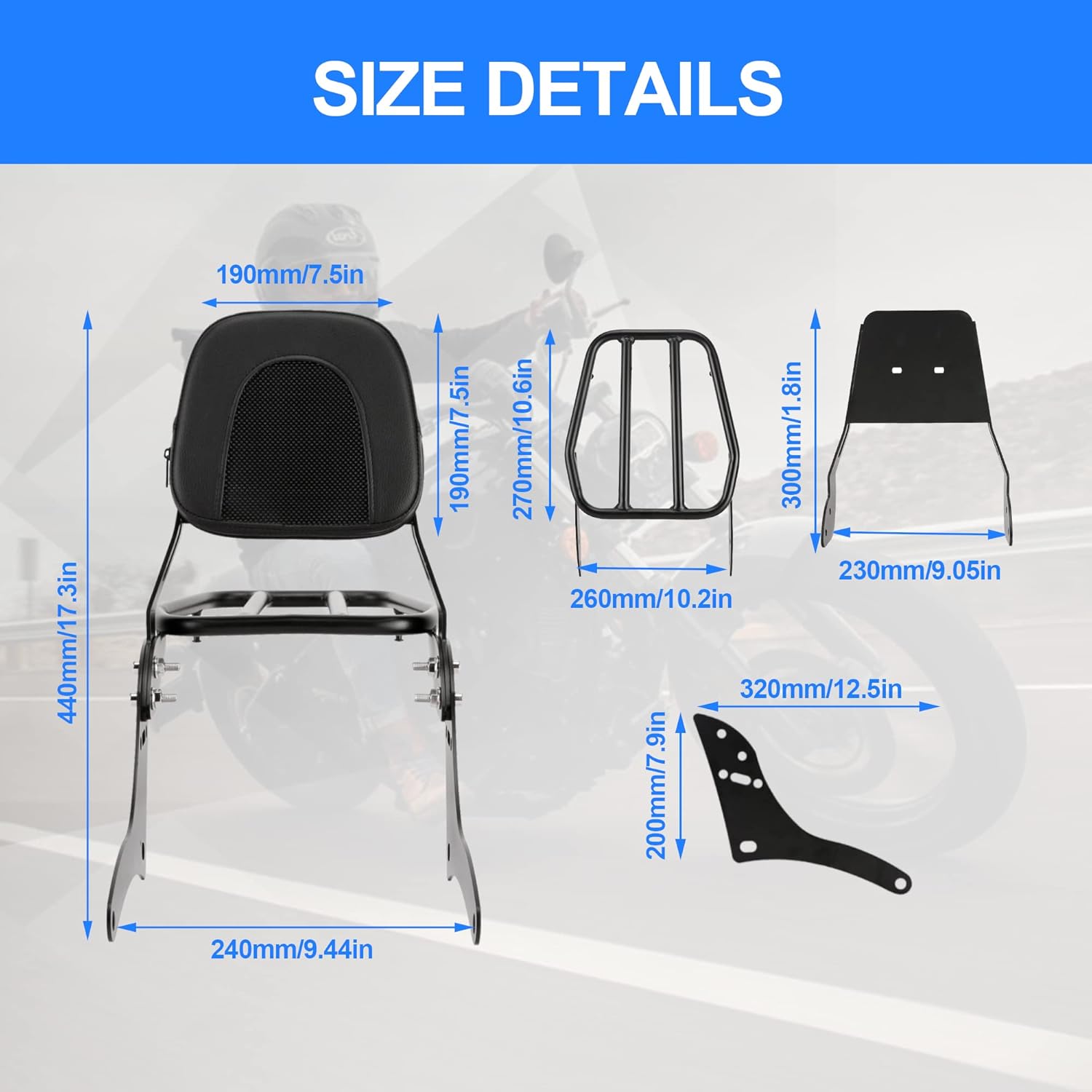 Barra desmontable para motocicleta con almohadilla para asiento trasero del pasajero + soporte para respaldo trasero, portaequipajes compatible con