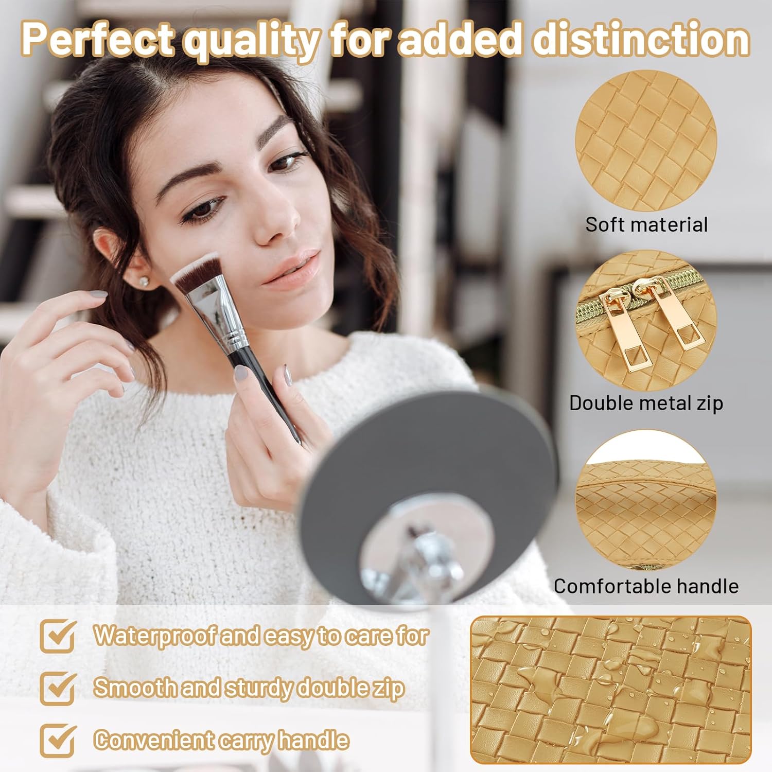 VVABELLI Bolsa de maquillaje  Bolsa de cosméticos de viaje de gran capacidad, portátil de cuero impermeable, bolsa de maquillaje de viaje para