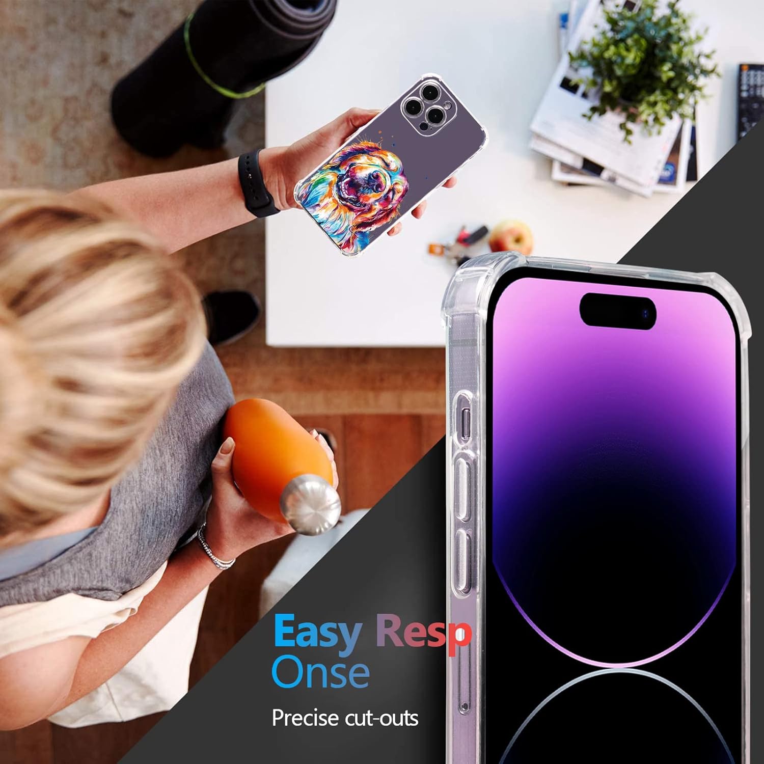 Roemary Buffertech – Funda protectora para iPhone 15 Pro Max con diseño Golden Retriever, diseño de arcoíris con protector de pantalla impacto de