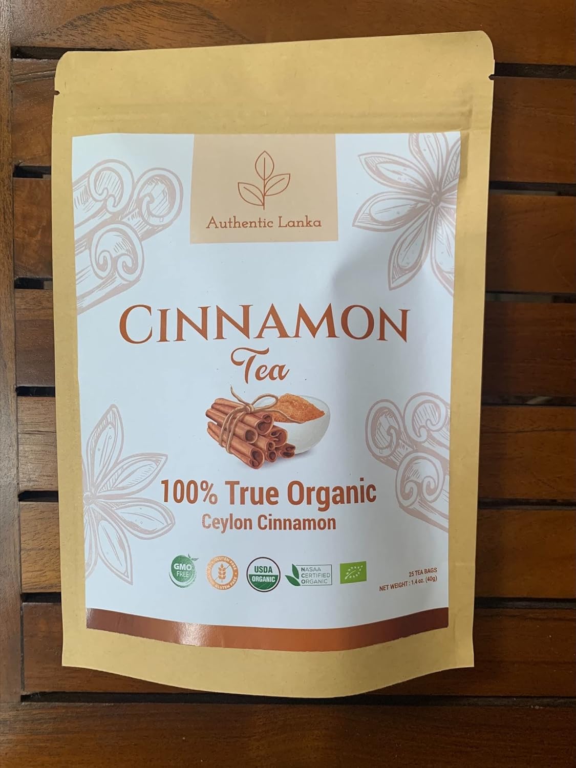 Authentic Lanka Té de canela de Ceilán, té de especias de hierbas, bebida orgánica de canela, paquete de 25 bolsas de té de canela auténtica de Sri