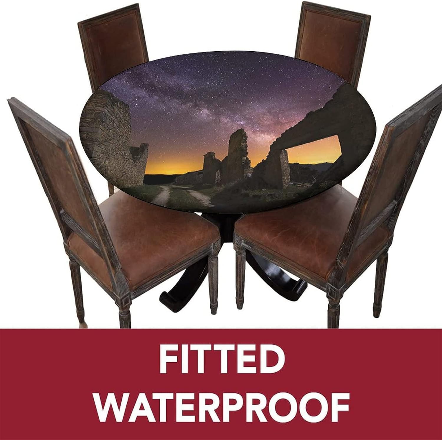 Landscape Round Fitted Tablecloth with Elastic Edge,Antique Ruin at Starry Night Celestial Road Roman Print Polyester Table Cloth, XXSmall, Fit