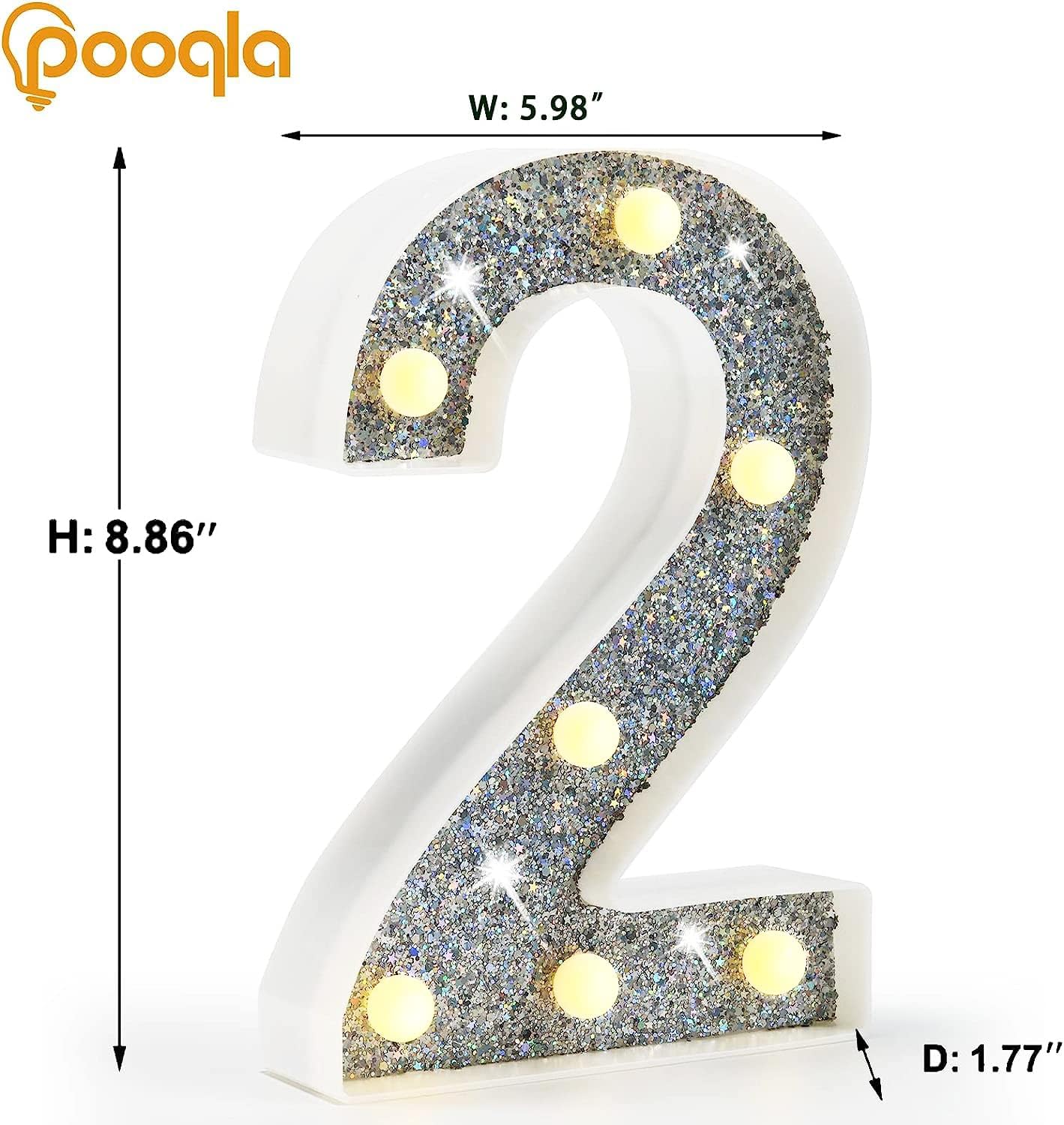 Pooqla Números iluminados coloridos, luces LED plateadas de números de marquesina que funcionan con pilas, 16 colores con purpurina para niñas,