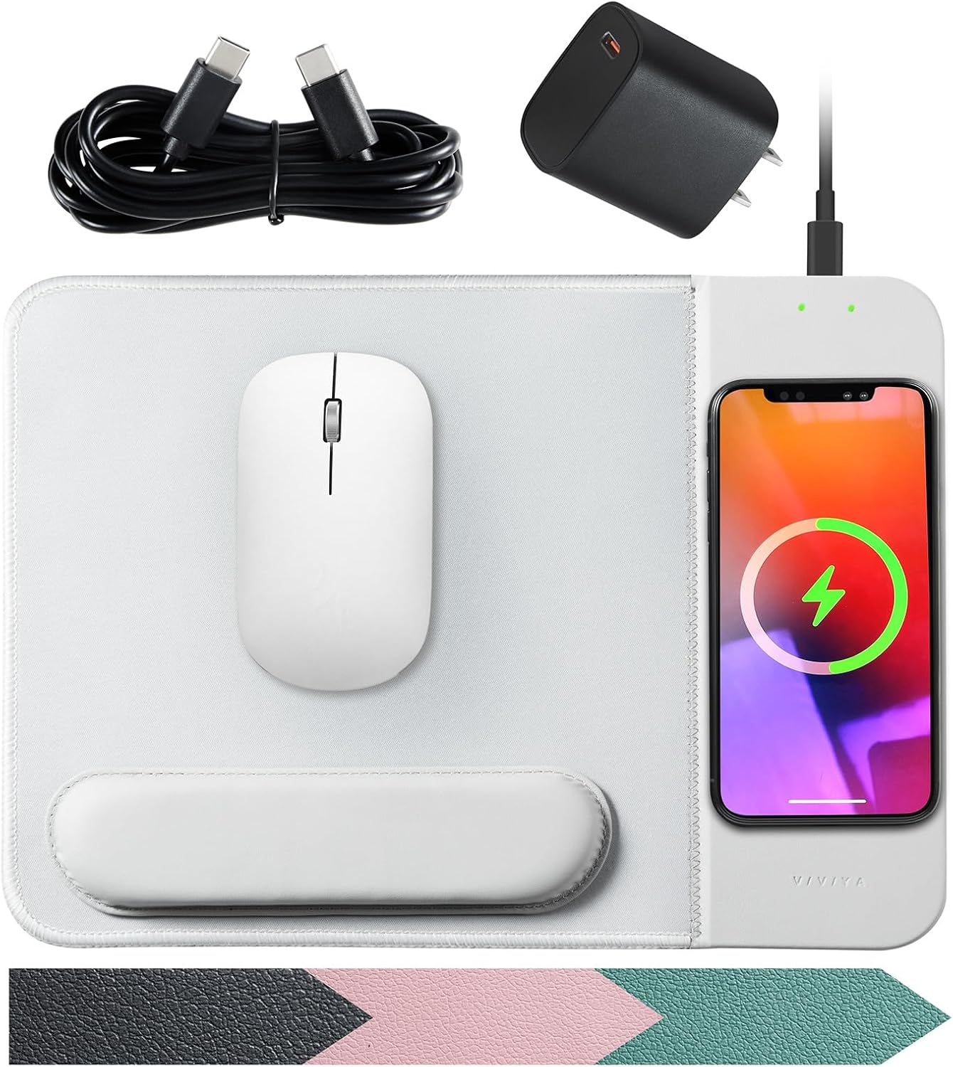 VIVIYA Alfombrilla de mouse de carga inalámbrica de 15 W con soporte de muñeca desmontable y adaptador de corriente de 20 W, cargador de teléfono