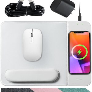 VIVIYA Alfombrilla de mouse de carga inalámbrica de 15 W con soporte de muñeca desmontable y adaptador de corriente de 20 W, cargador de teléfono VIVIYA Alfombrilla de mouse de carga inalámbrica de 15 W con soporte de muñeca desmontable y adaptador de corriente de 20 W, cargador de teléfono