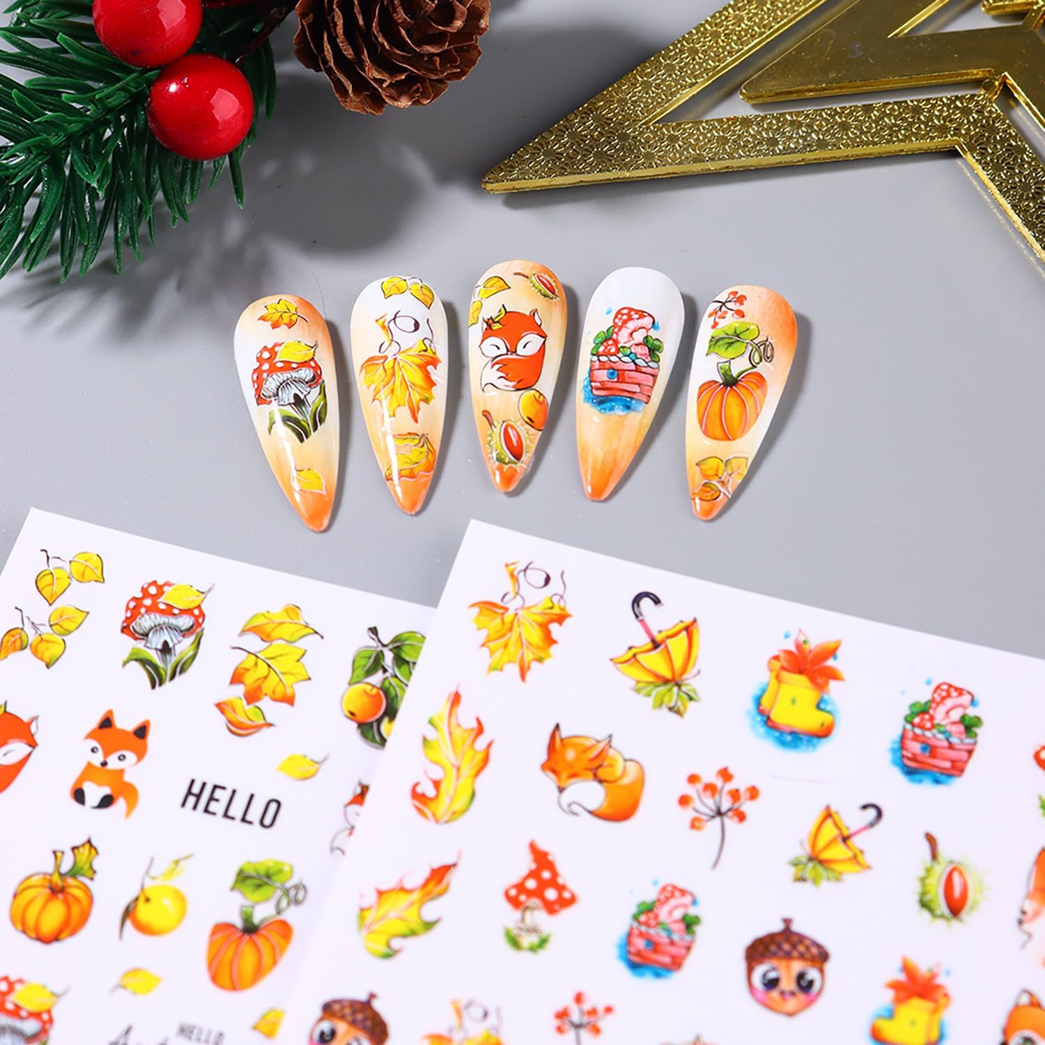 5 hojas de calcomanías de uñas de otoño, hojas de arce, ardilla, alce, grabadas en relieve, calcomanías de arte de uñas de Acción de Gracias,
