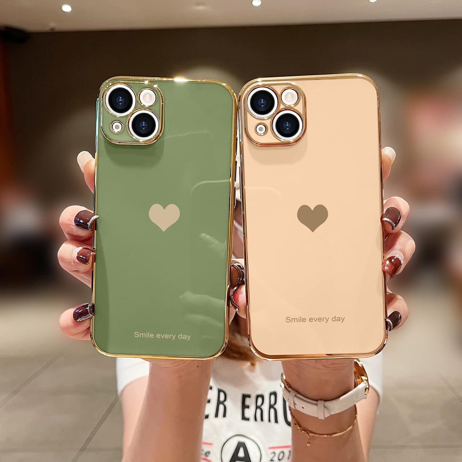 Teageo Funda para iPhone 14 Plus para mujeres y niñas, diseño de corazón de amor, chapado de lujo, cubierta trasera suave, protección completa de la