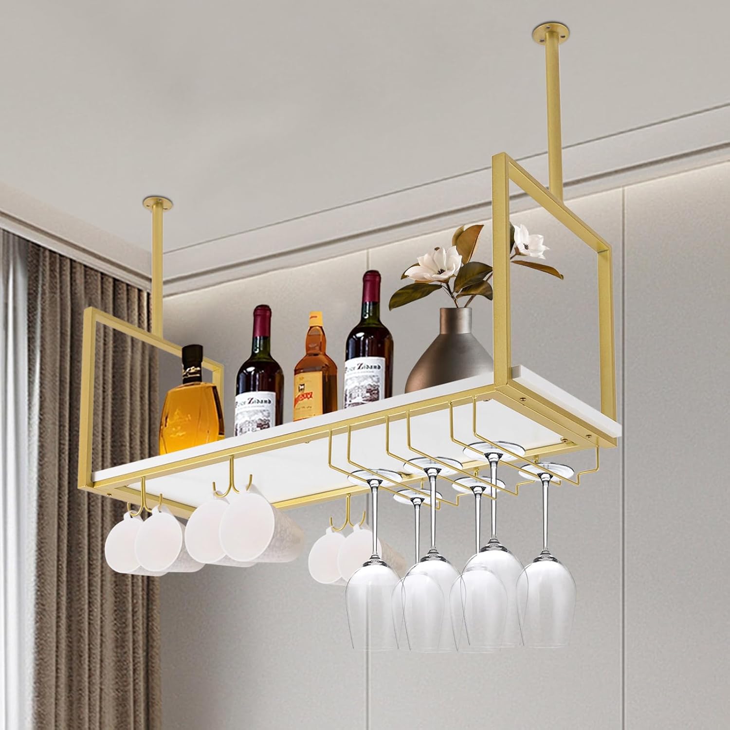 Estante rústico para copas de vino, 31.5 pulgadas, soporte de metal para copas de vino, soporte para tazas y estante, barra de techo de metal para