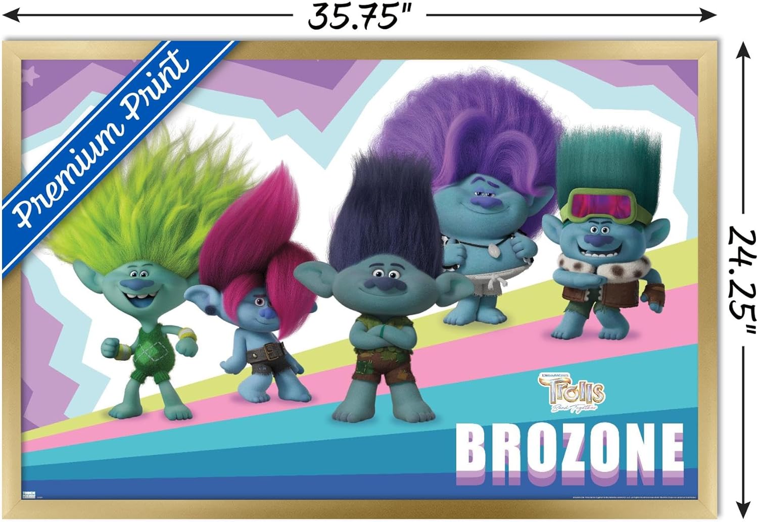 Trends International Trolls Band Together – Póster de pared de brozone, 22.37 x 34.00 pulgadas, versión enmarcada en oro