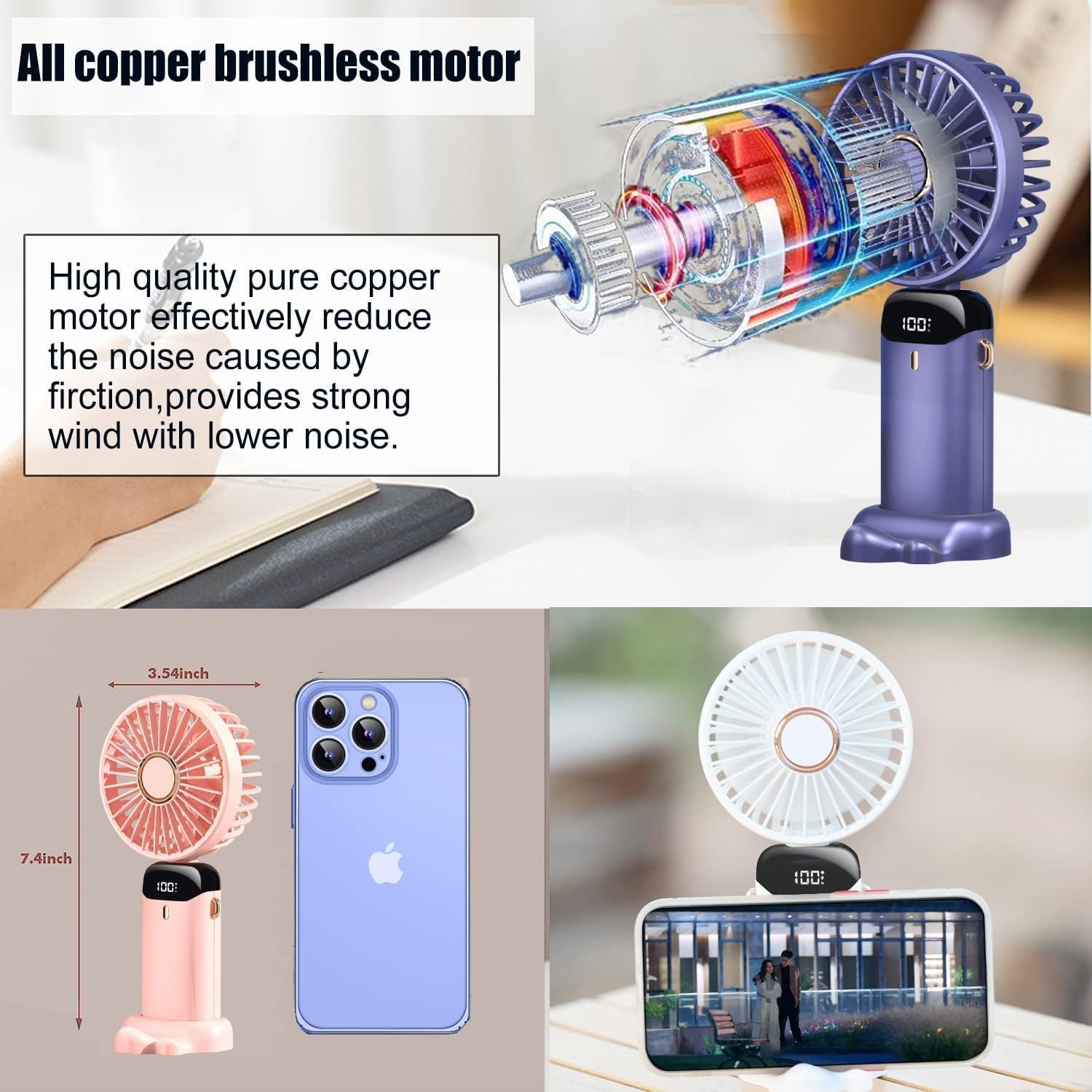 lightlux Mini ventilador portátil de mano, recargable por USB de 5000 mAh, 5 velocidades, plegable, pequeño ventilador de escritorio con pantalla