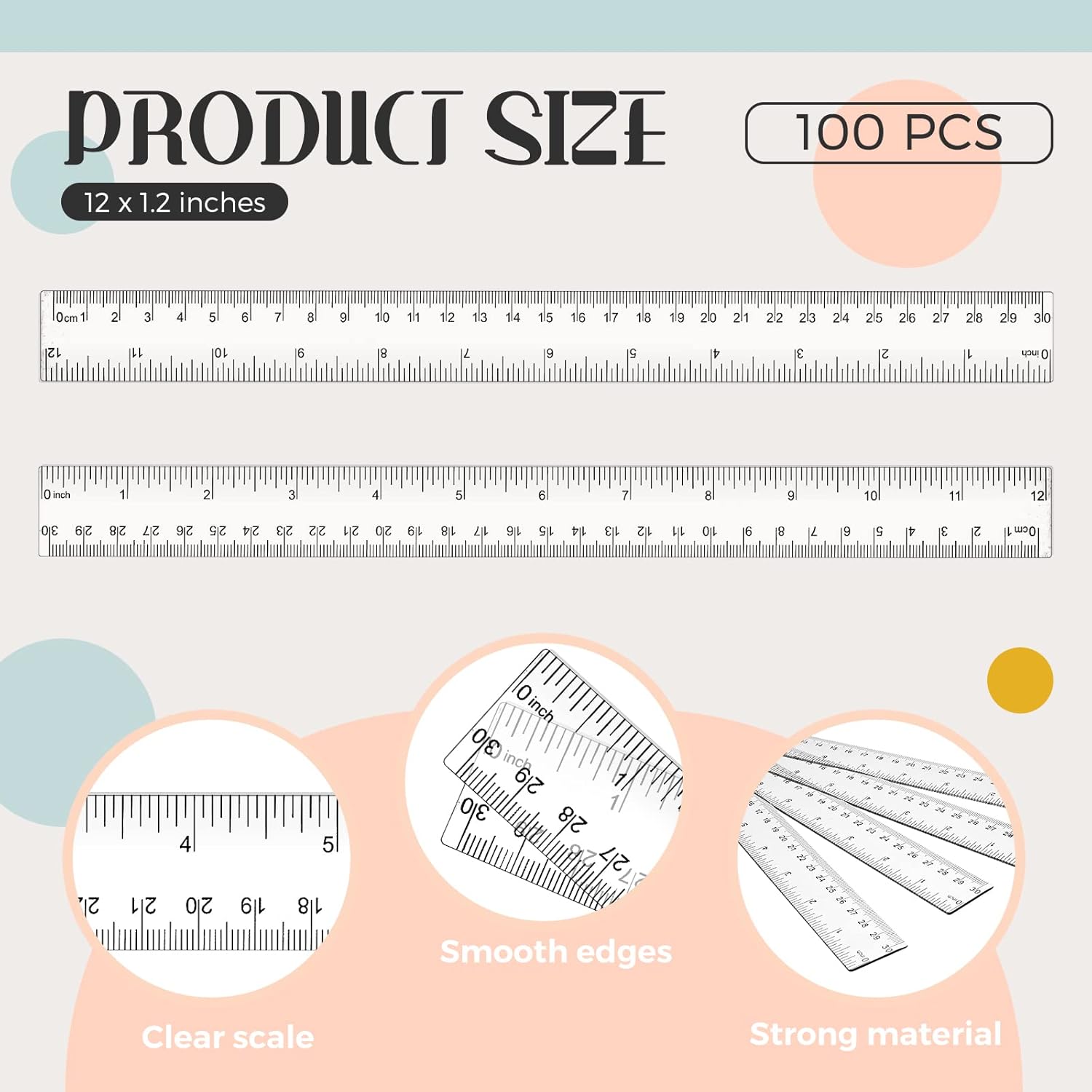100 reglas transparentes de 12 pulgadas, regla recta con pulgadas y regla métrica transparente, medición a granel para estudiantes, niños, aula,