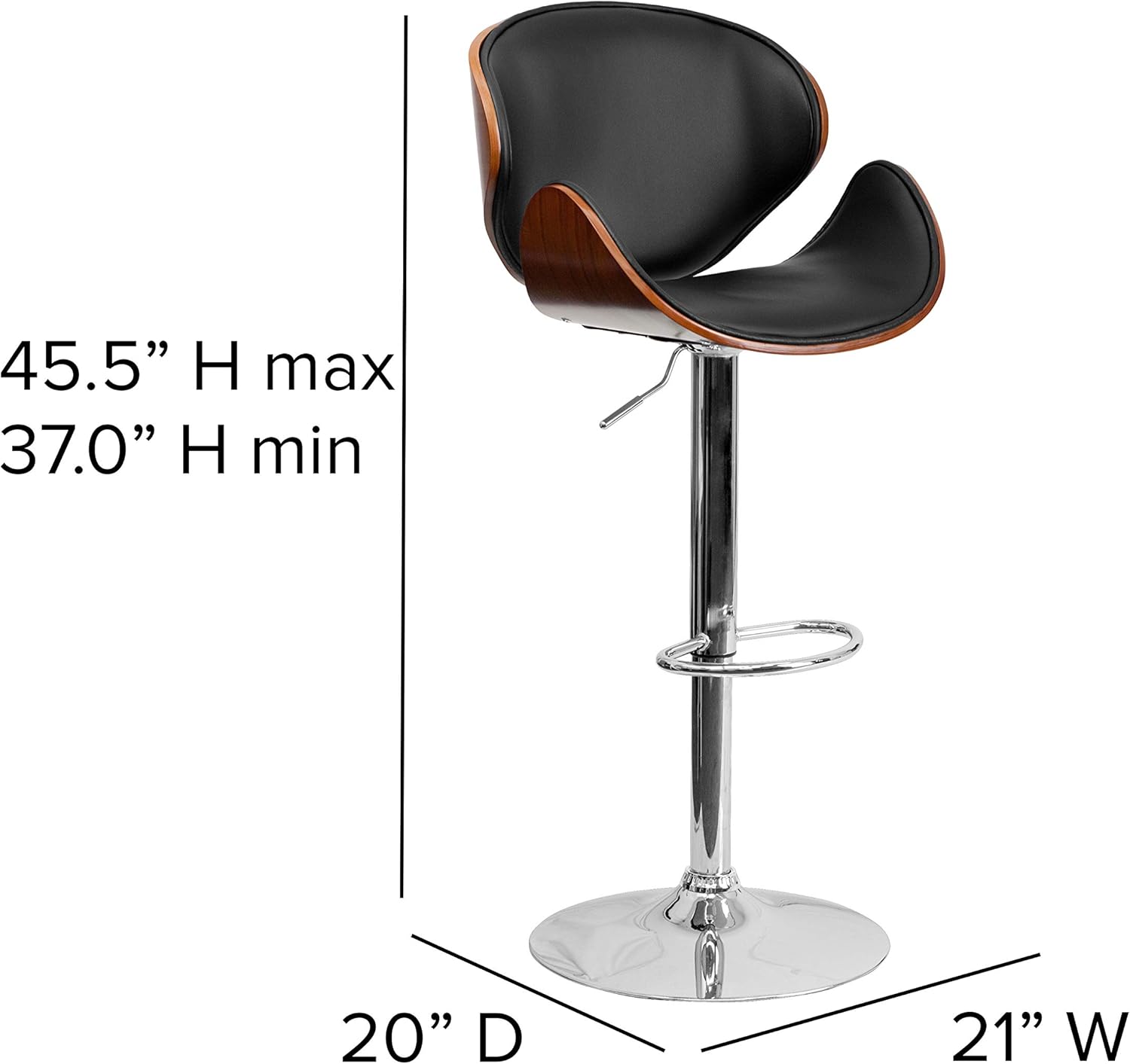 Taburete de bar Flash Furniture de madera de haya con altura ajustable y asiento y respaldo de vinilo negro curvado, Metal Espuma Tela, Walnut