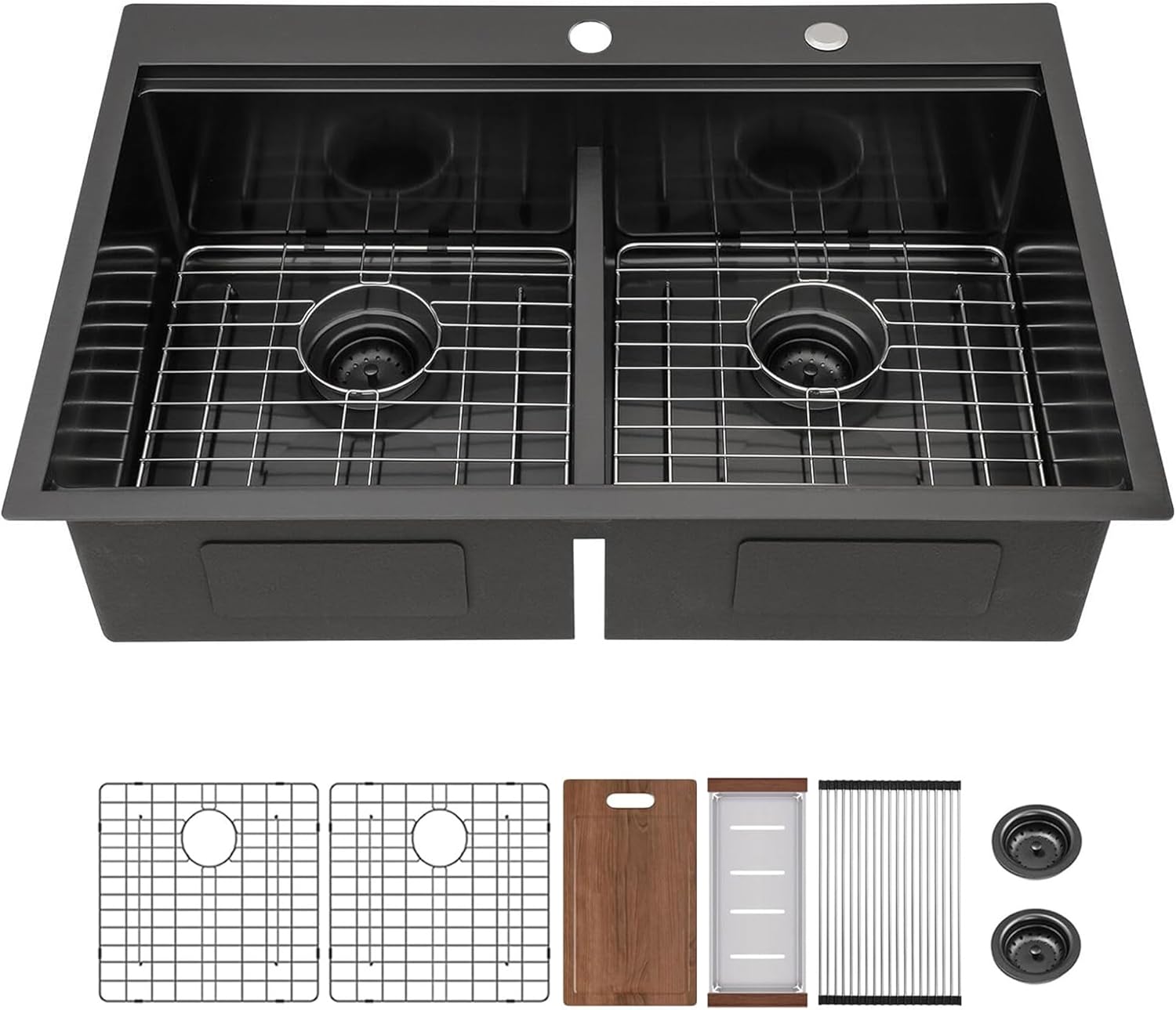 ALWEN Fregadero de cocina doble de 33 pulgadas, color negro, hecho a mano, con estación de trabajo de montaje superior, calibre 16, fregadero de
