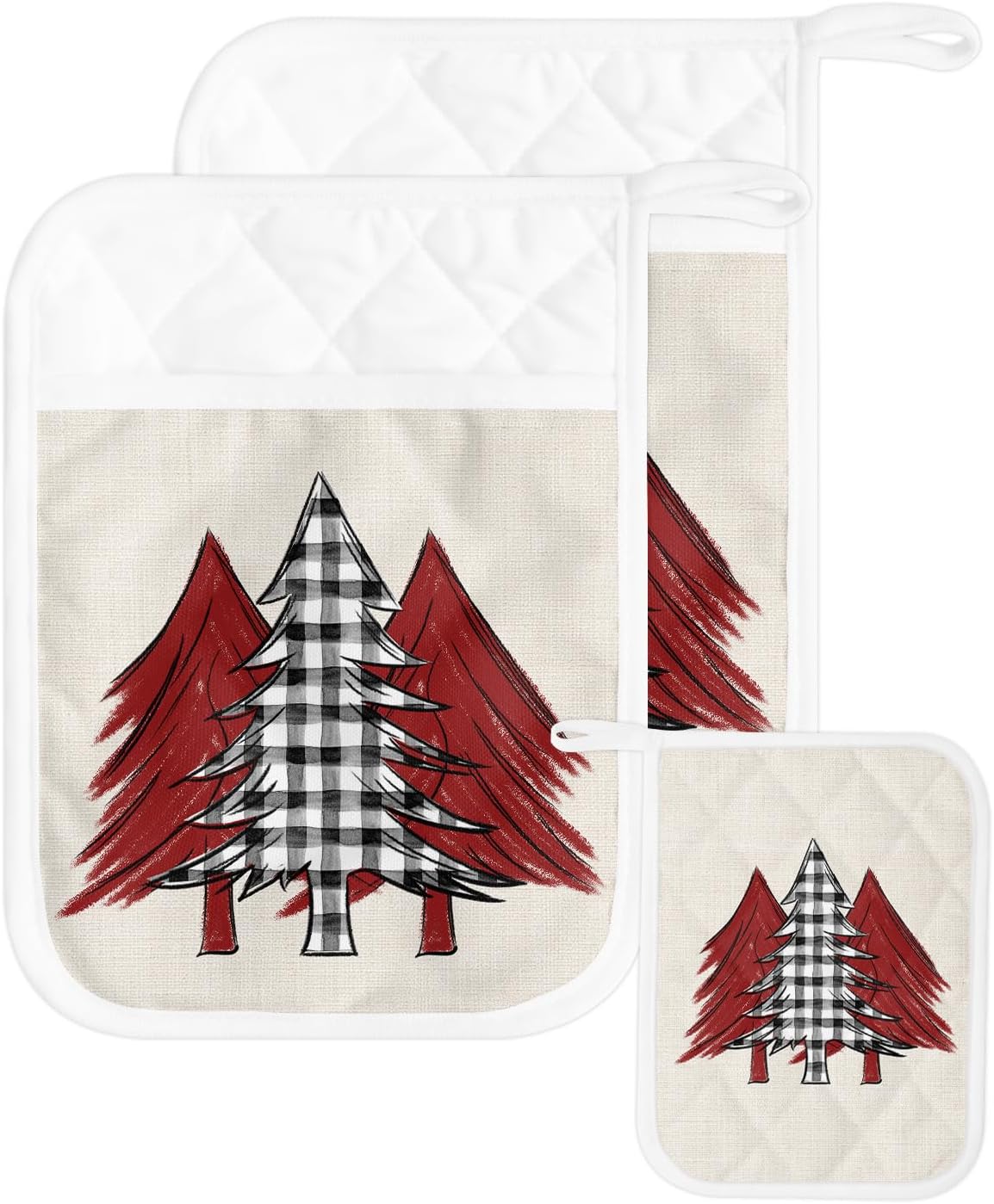 Xmas Tree Checkered 2Pcs Pot Holders for Kitchen,Non Slip & Heat Insulation Terry Cloth Potholder Set with Pocket,Thick Hot Pad Oven Mitts Trivet