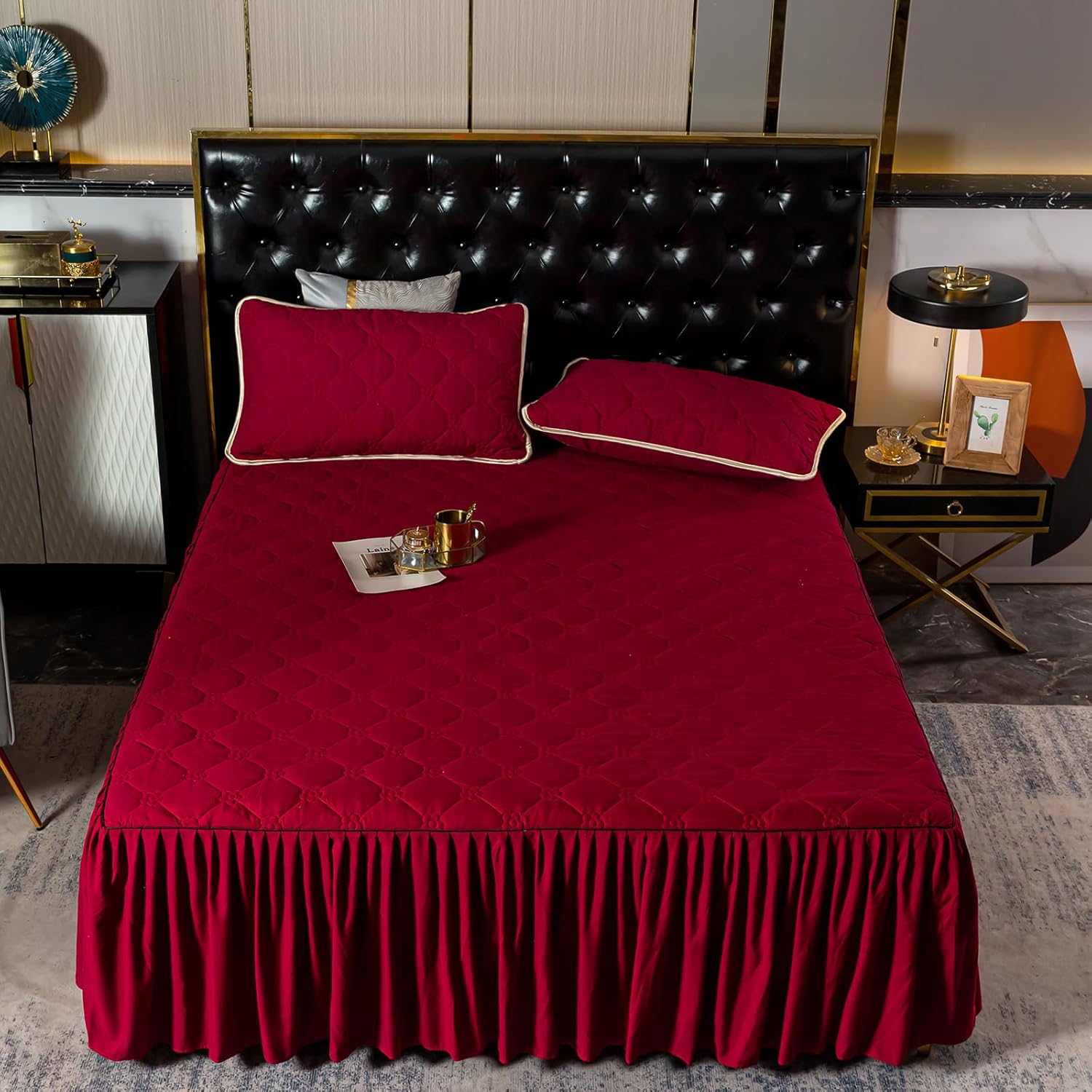 Beyeutao Falda de cama tamaño California King, faldas de cama color burdeos de 72 x 84 pulgadas, sábana bajera ajustable con volantes de algodón de