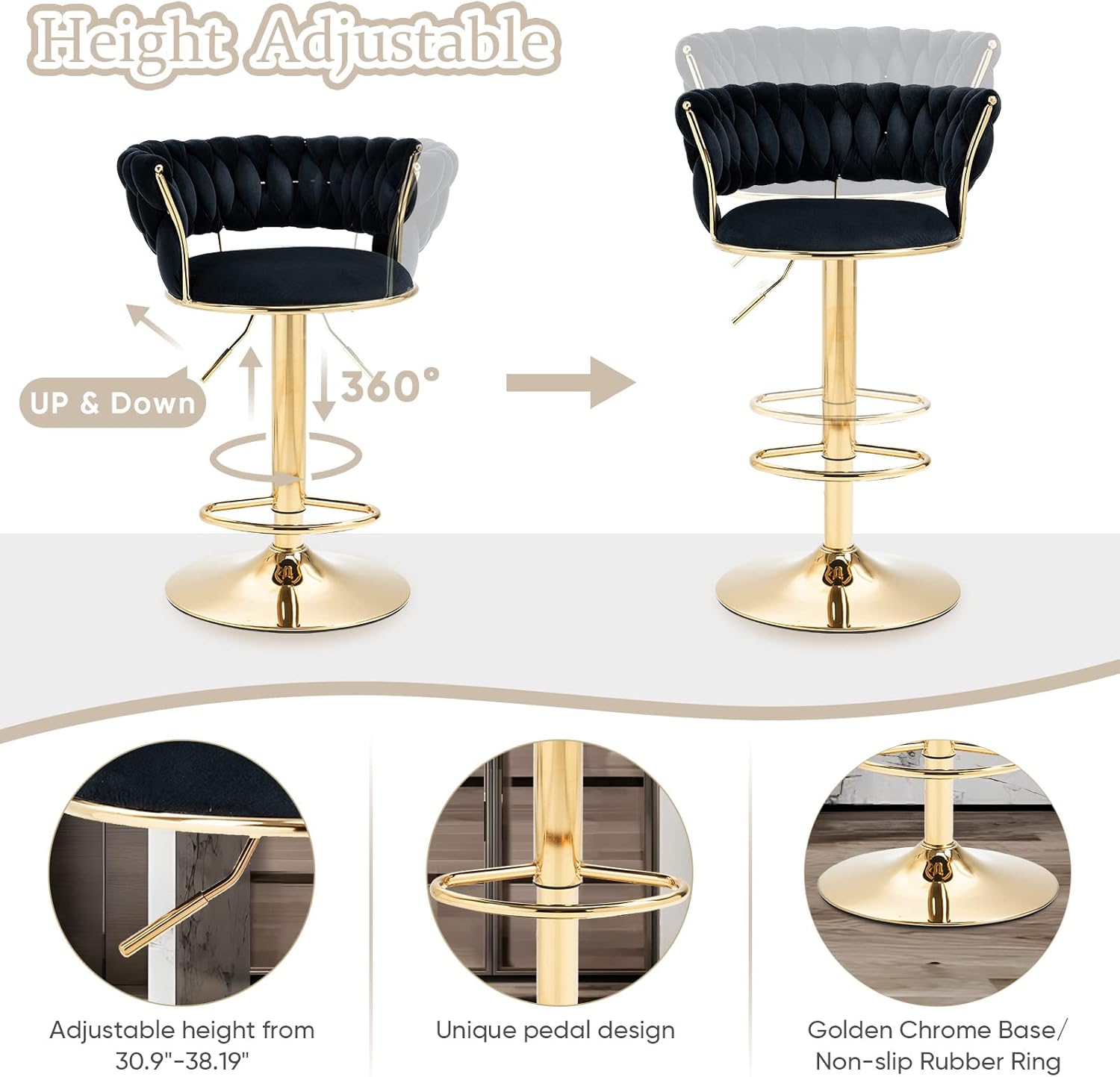 Deolme Taburetes de bar giratorios de terciopelo, taburetes de bar ajustables de altura de mostrador, taburetes de bar modernos con respaldo
