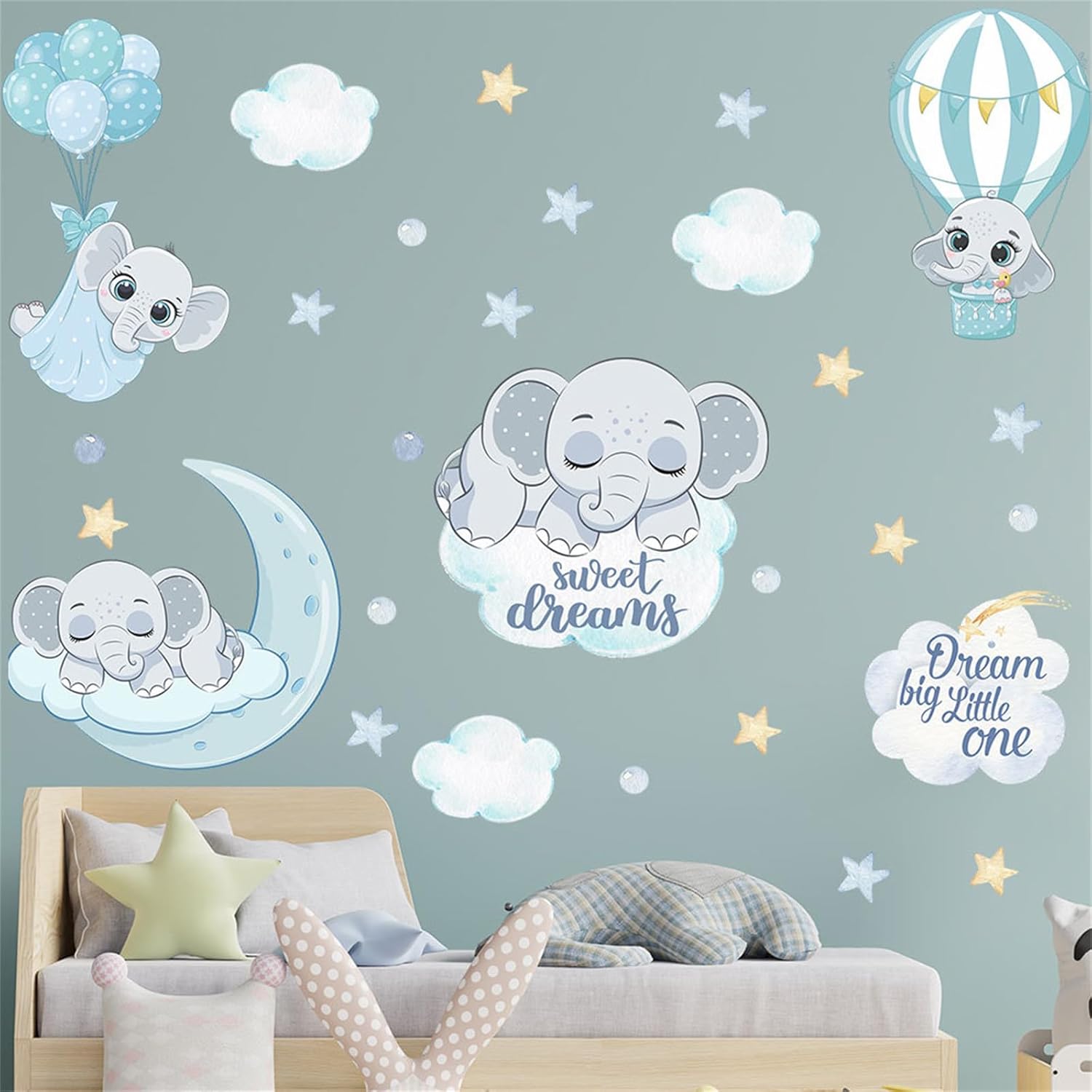 Calcomanías de pared de elefante azul con diseño de animales lindos, diseño de luna y estrellas, nube, globo de aire, papel tapiz extraíble, papel