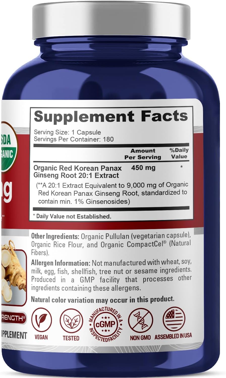 NusaPure Rojo coreano Panax Ginseng 9,000 mg 180 cápsulas vegetales (USDA orgánico, sin OMG, extracto 201)