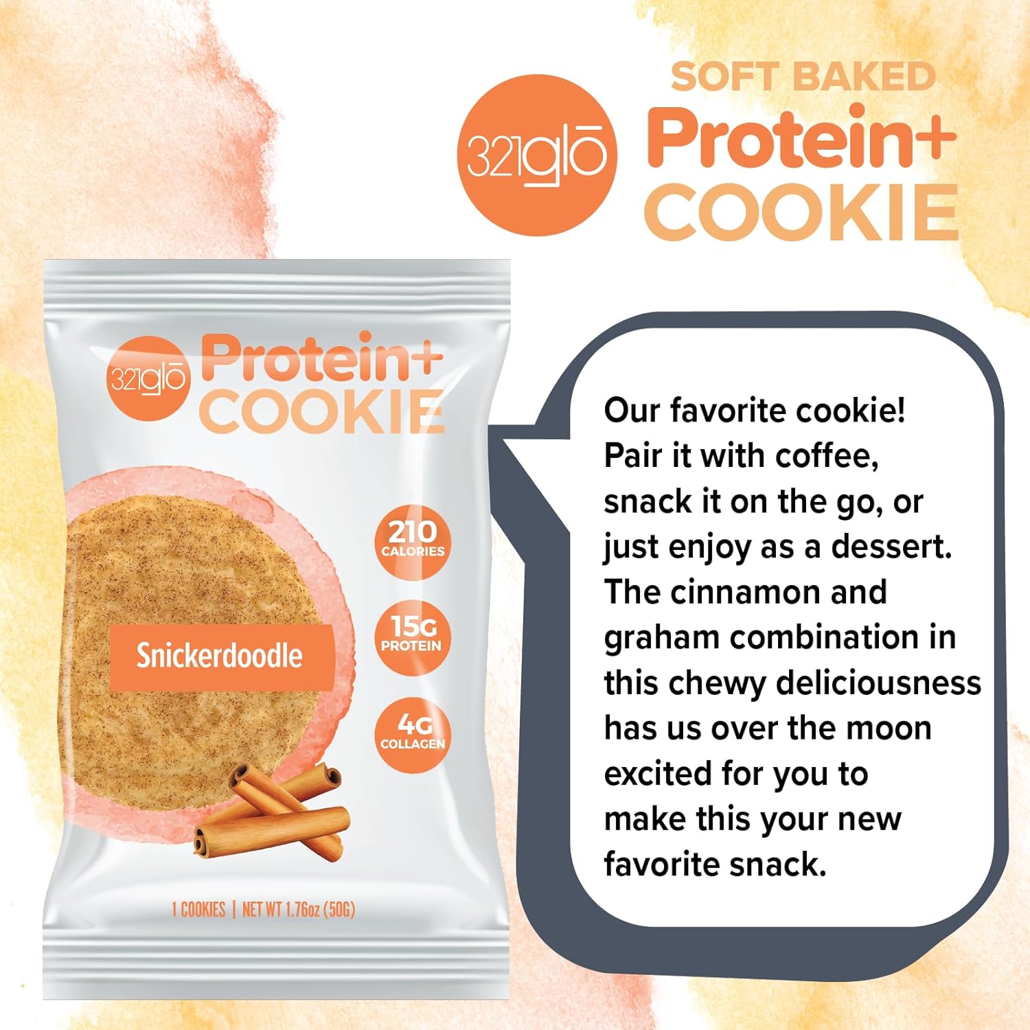 321glo Protein+ Cookies  Galletas horneadas suaves con colágeno de alto contenido en proteínas, 0.55 oz de proteína, aperitivo para hombres, mujeres