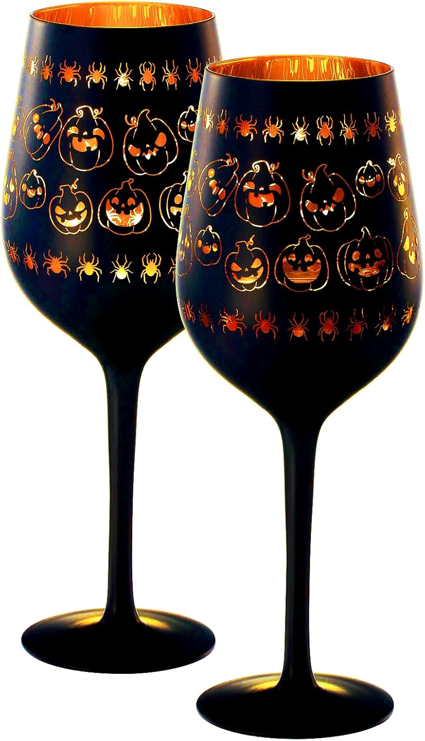Copas de vino espeluznantes con tallo de cristal, juego de 2 unidades, con temática gótica, vibrante color negro y dorado, con patrón de fantasma,