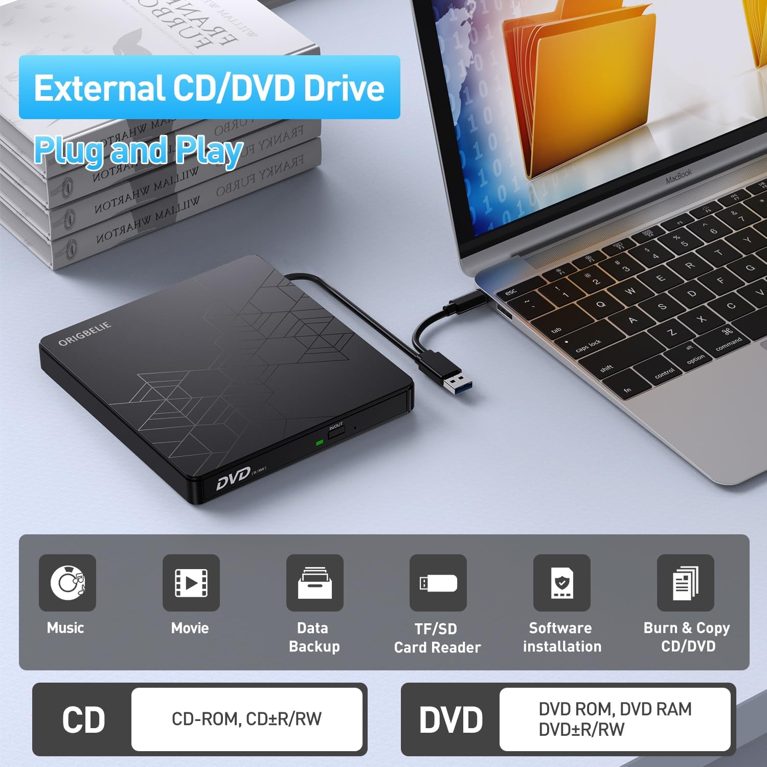 ORIGBELIE Unidad externa de CD y DVD, grabadora de CD USB 3.0 con 2 puertos USB y 2 ranuras para tarjetas TFSD, unidad de disco óptico para portátil