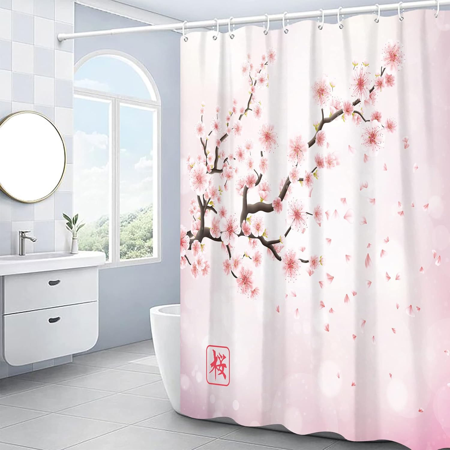 Cortina de ducha con diseño de flor de cerezo rosa, juego de cortina de ducha japonesa Sakura floral, cortinas de ducha para baño, tela impermeable