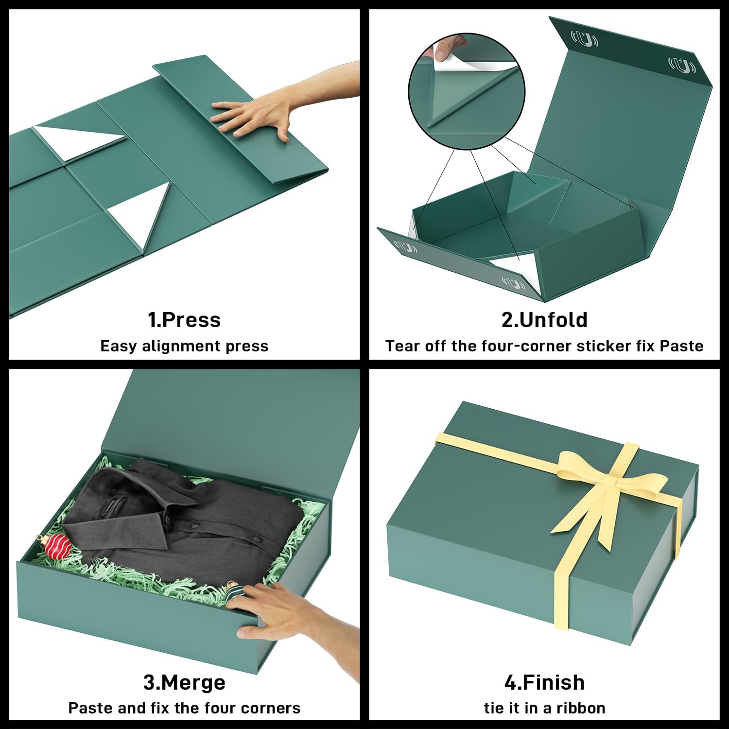 Cajas de regalo con tapas, 11.5 x 7.8 x 3 pulgadas, caja de regalo verde bosque para regalos, cierre magnético para camisetas, guantes, bufandas,