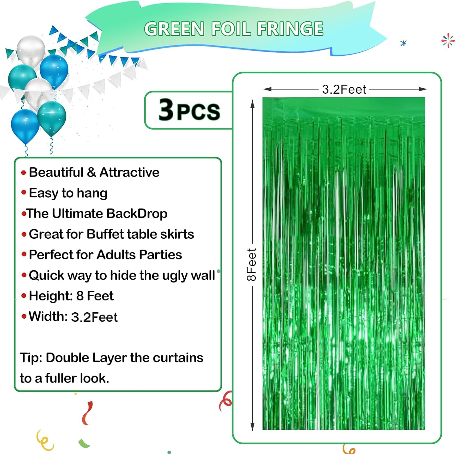 Decoración de fondo verde para fiestas, paquete de 3, 8 x 3.2 pies, decoración de cortina de flecos de papel de aluminio verde, perfecta para