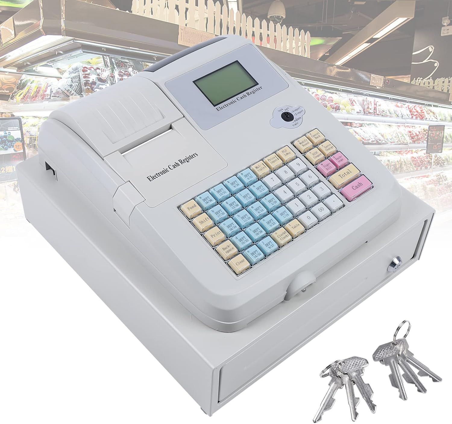 Caja registradora electrónica con 48 llaves Sistema POS caja registradora W8 ranuras para monedas y 3 ranuras para billetes, 8 pantalla LED digital