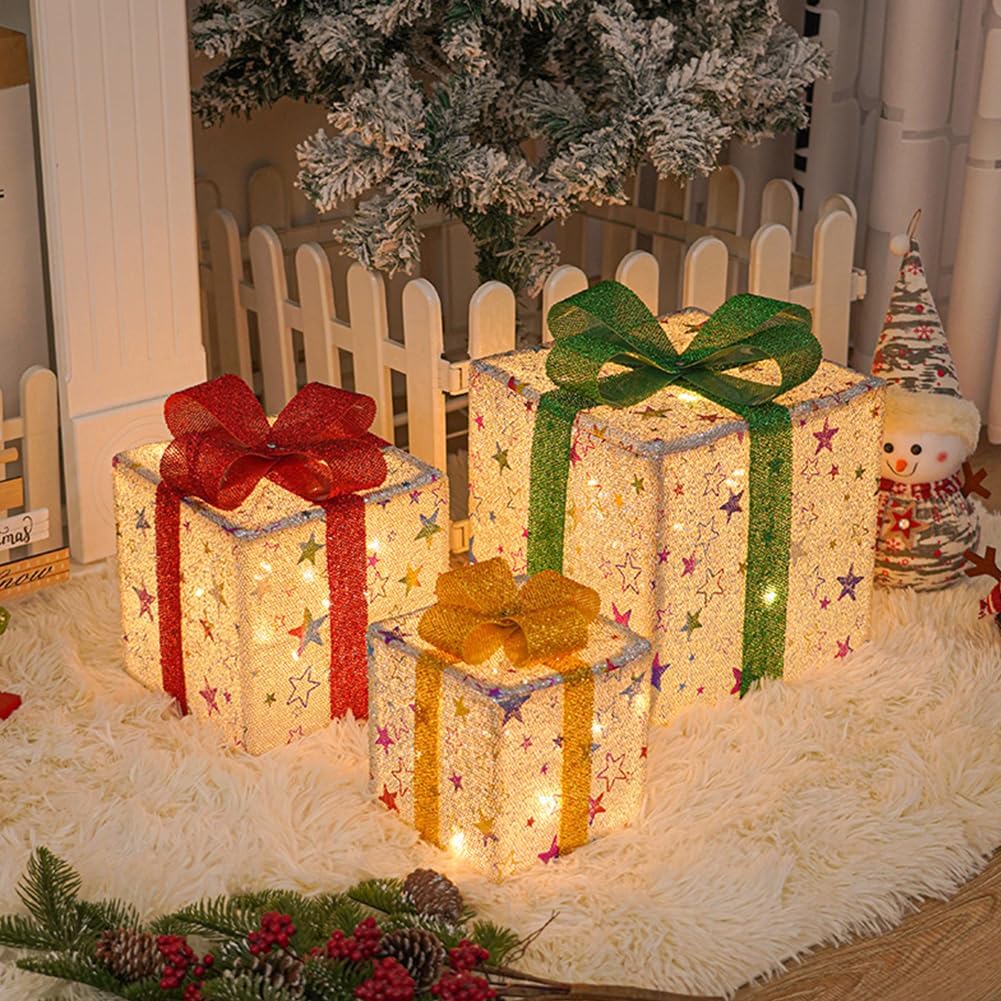 Cajas de regalo iluminadas de Navidad, juego de 3 cajas de decoración de 10 a 8 a 6 pulgadas con lazos y control remoto, funciona con pilas, adorno