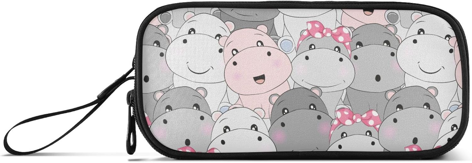 Lindo estuche para lápices de hipopótamo para bebés, estuche grande para lápices para niños, niñas, compartimentos con cremallera, gran capacidad,