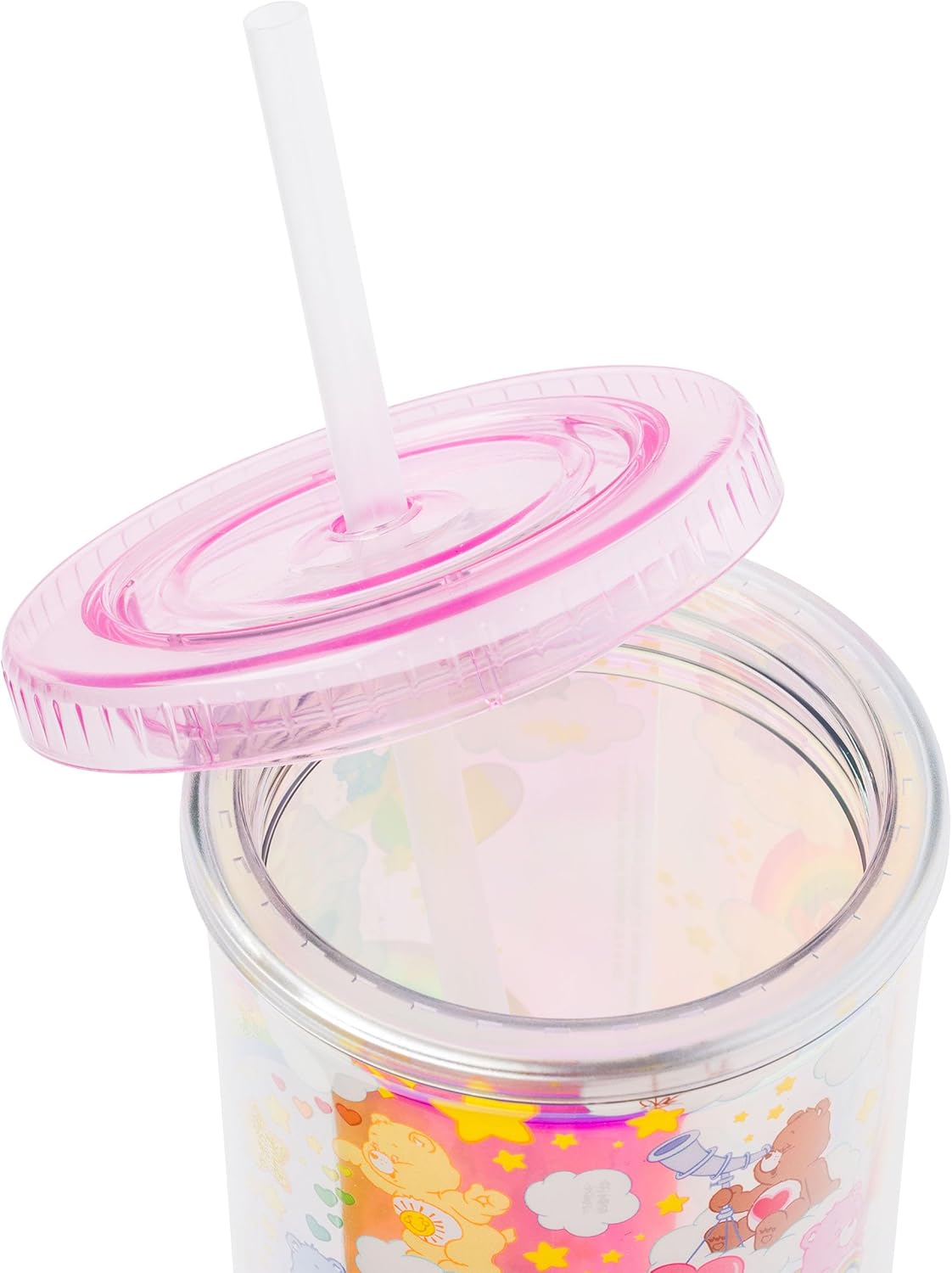 Silver Buffalo Care Bears – Vaso alto de plástico iridiscente con tapa y pajilla, con Funshine Bear, Grumpy Bear, Cheer Bear, Tenderheart Bear, 20
