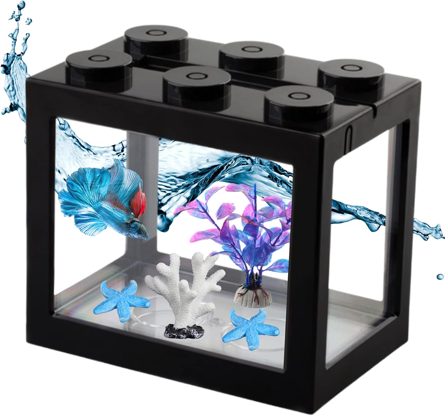 Pequeña pecera Betta, mini acuario apilable con decoración de estrellas de mar y coral, tanque de peces cubo para alimentar bolas de musgo de