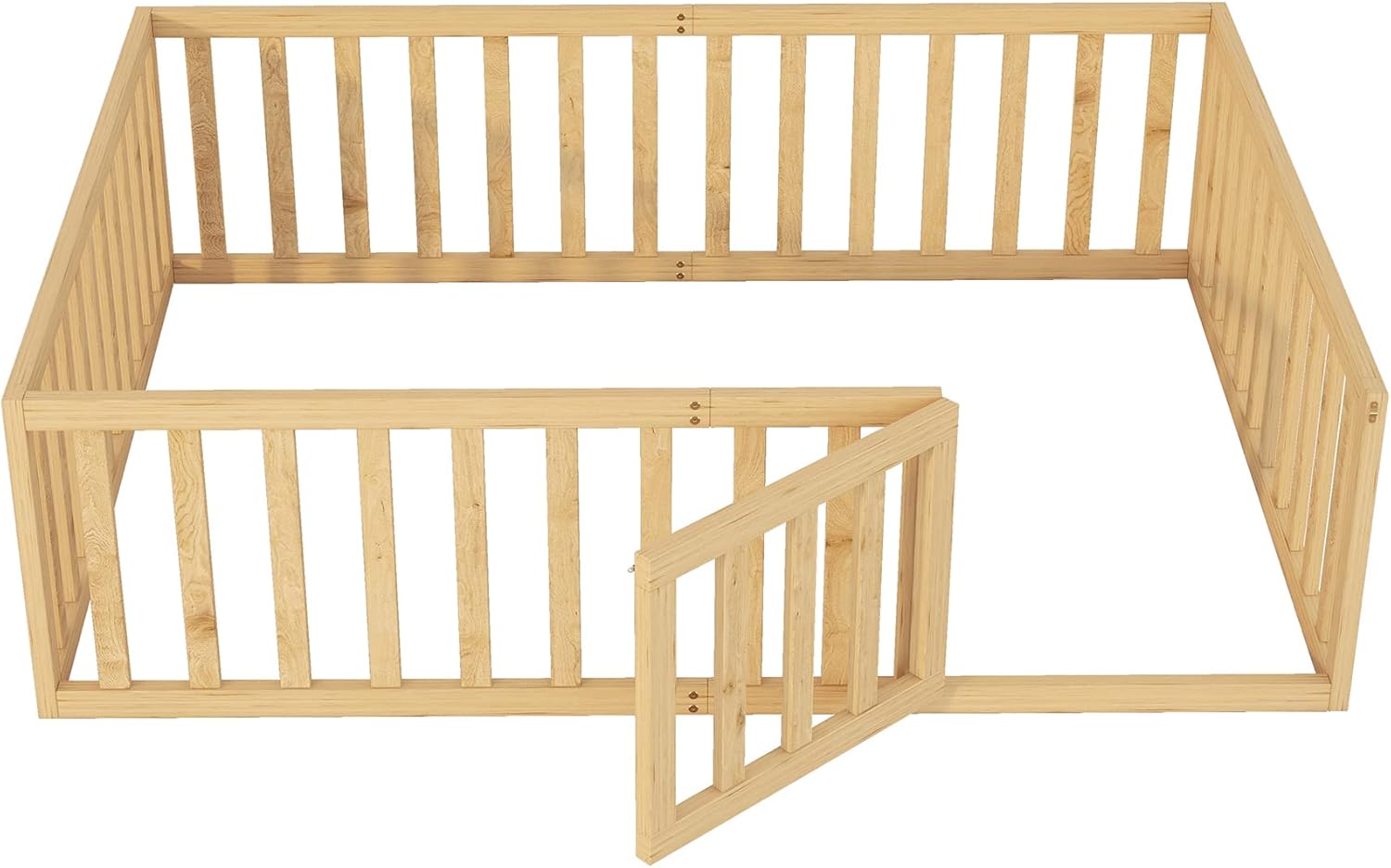 Merax Marco de cama de piso de madera de tamaño completo con valla y puerta (natural)