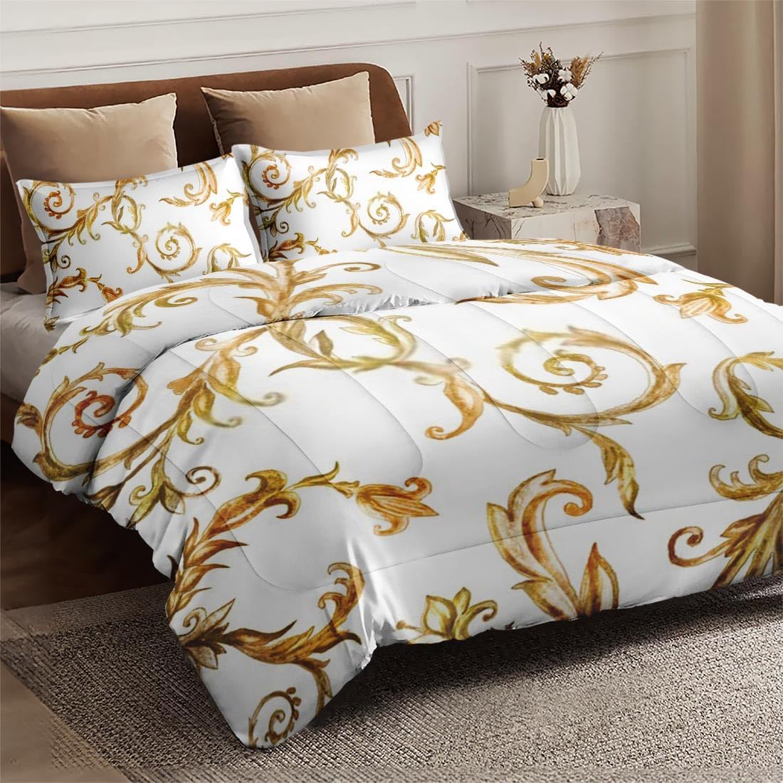 Juego de edredón tamaño King, edredón suave floral vintage dorado real para niños y adultos, juego de ropa de cama de lirio medieval de tulipanes